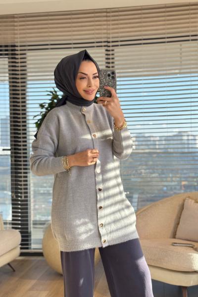 3539 Sakal Sıfır Yaka Çıtçıtlı Hırka Gri