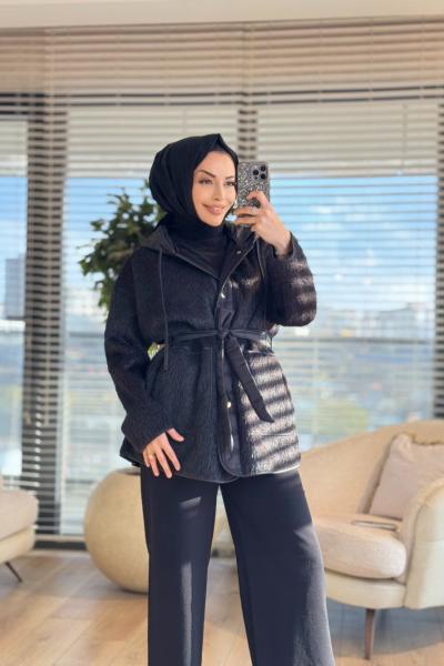 35634 Kapitone Garnili Peluş Mont Siyah
