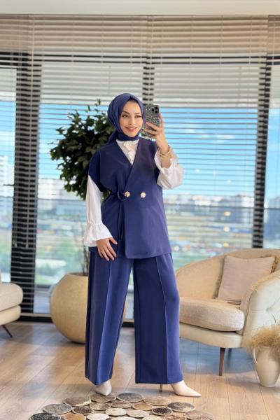 35717 Kruvaze Yelekli Pantolonlu Takım Lacivert