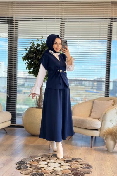 35718 Kruvaze Yelekli Etekli Takım Lacivert