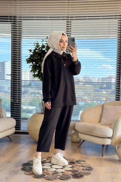 35792 Çıtçıtlı Yüksek Yakalı Takım Siyah
