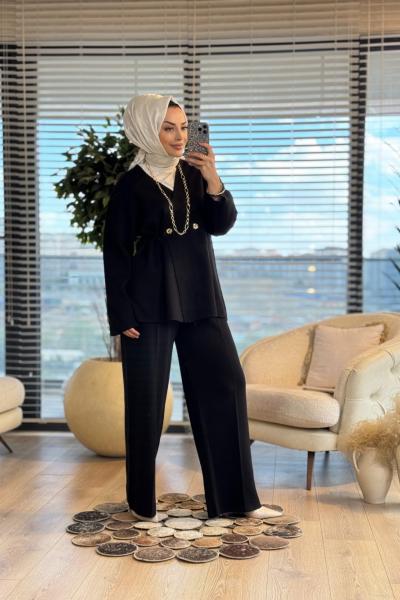 35881 Kruvaze Düğmeli Triko Pantolonlu Takım Siyah