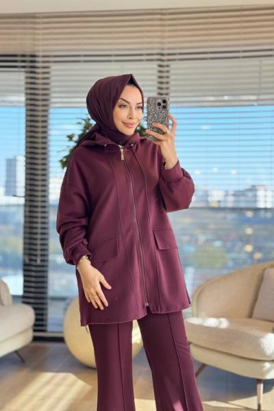 35901 Kesik Ve Cep Detaylı Bomber Ceket Bordo