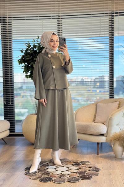 35946 Yarasa Kollu Gold Düğmeli Etekli Takım Haki