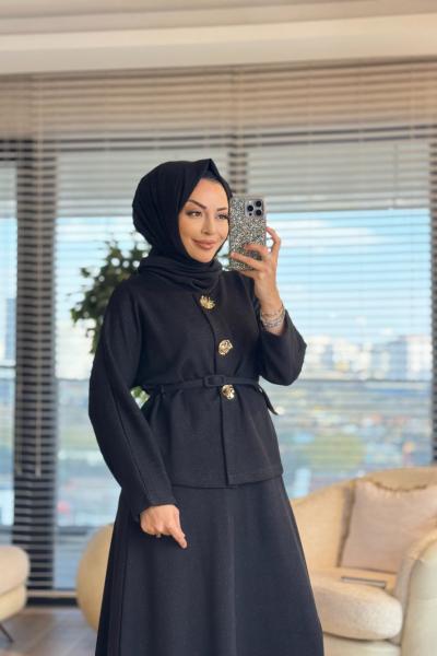36116 Gold Düğmeli Yarasa Kol Takım Siyah