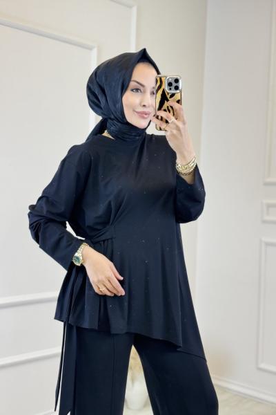 37974 Taşlı Asimetrik Pantolon Takım Siyah
