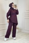 37974 Taşlı Asimetrik Pantolon Takım Bordo