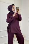37974 Taşlı Asimetrik Pantolon Takım Bordo