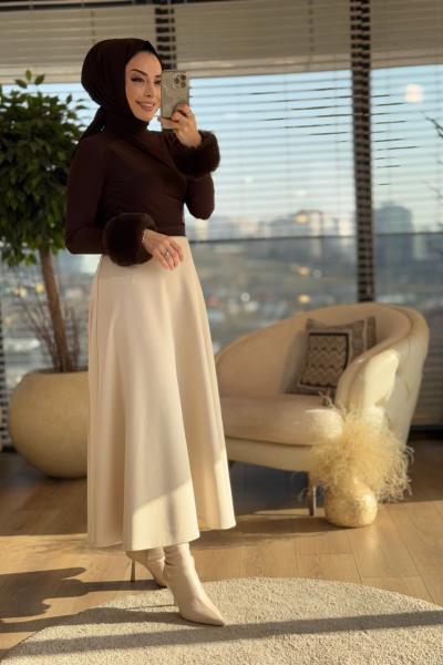 3922 Kolları Kürklü Bluz Kahve