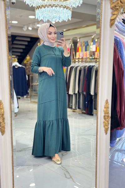 3947 Nervürlü Kristal elbise Petrol