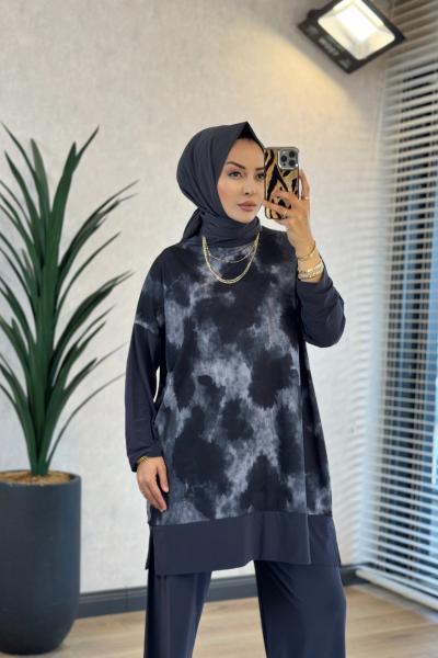 4004 Üst Batik Desenli Bluz Takım Antrasit