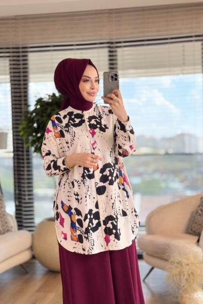 4016-1 Ege Yellow Stone Tunik Ekru Saks