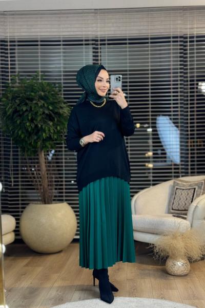 40408 Kolu Katlamalı Sıfır Yaka Triko Tunik Siyah