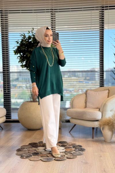 40741 Kolu Gold Düğmeli Triko Tunik Zümrüt