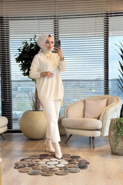 40741 Kolu Gold Düğmeli Triko Tunik Ekru