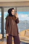 40972 Kolları Lastik Örgü Triko Tunik Kahve