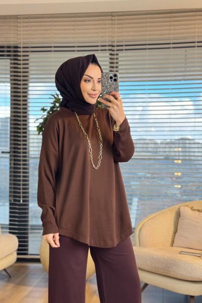 40972 Kolları Lastik Örgü Triko Tunik Kahve