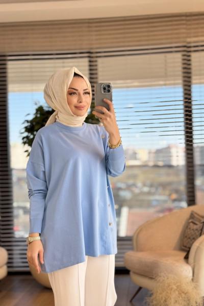 40986 Gold Düğme Detaylı Tunik Bebe Mavi