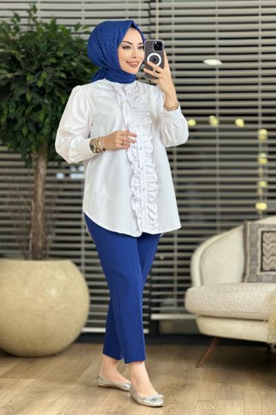 4101 Patı Fırfır Detaylı Gömlek Beyaz