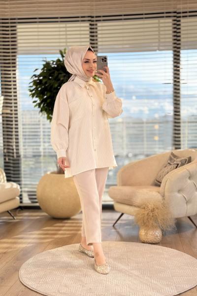 4126 Melisa Çizgili Gömlek Bej