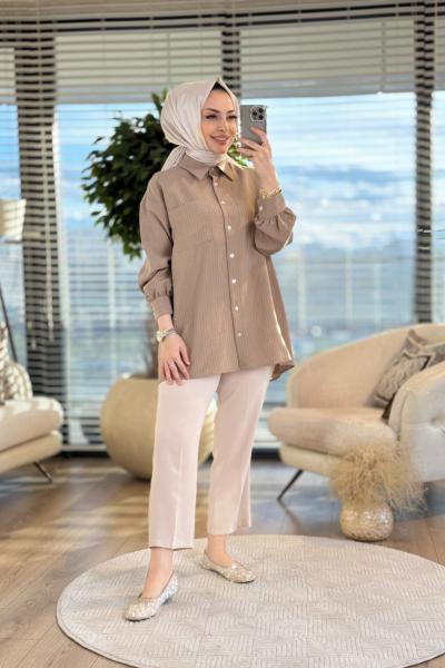 4126 Melisa Çizgili Gömlek Vizon