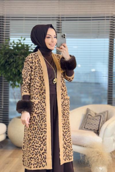 137 Angora Leopar Desen Uzun Hırka Latte