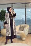 137 Angora Leopar Desen Uzun Hırka Bej Kahve