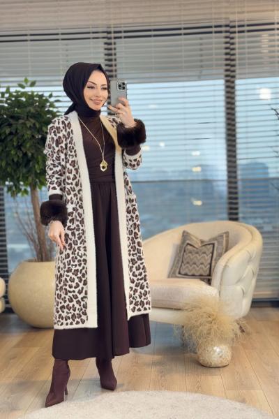 137 Angora Leopar Desen Uzun Hırka Bej Kahve