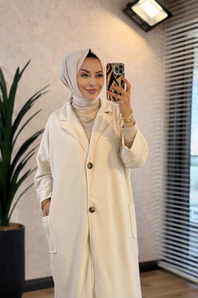 4198 Çift Düğmeli Cepli Kap Ekru