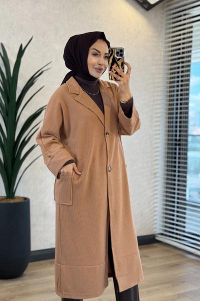 4198 Çift Düğmeli Cepli Kap Latte