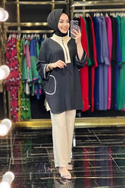 4225 Patı Fermuar Üst Cep Dikişli Takım Siyah Bej