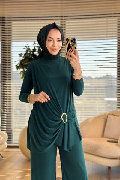 4225 Yanı Toka Büzgülü Pantolonlu Takım Zümrüt