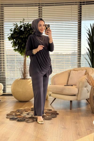 4225 Yanı Toka Büzgülü Pantolonlu Takım Antrasit