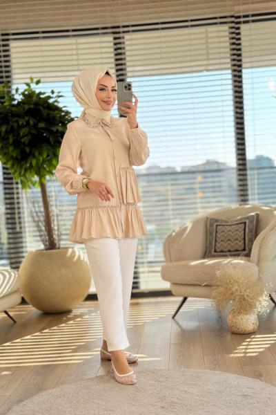 4268 Ön İki Kat Fırfır Üstü Taşlı Tunik Krem