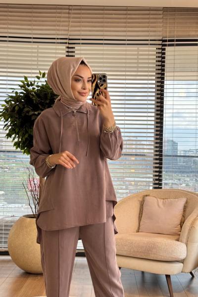 4300 Yaka Bağcık Patı Fermuarlı Tencel Takım Vizon