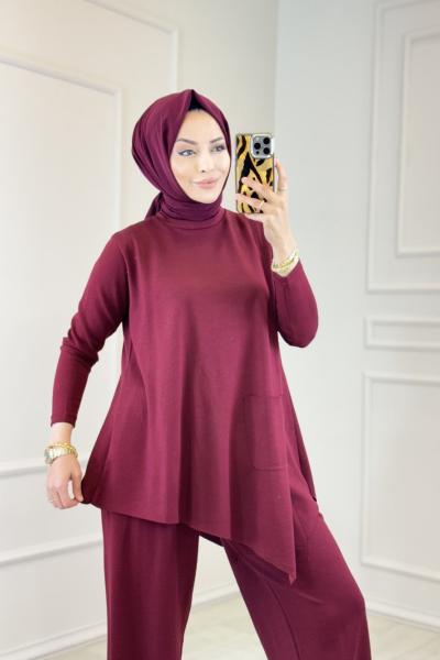 4407 Asimetrik Tek Cepli Osyho Takım Bordo