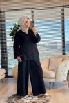 44115 Triko Yandan Bağlamalı Bol Paçalı Pantolon Takım Siyah