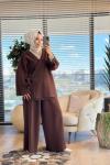 44115 Triko Yandan Bağlamalı Bol Paçalı Pantolon Takım Kahve