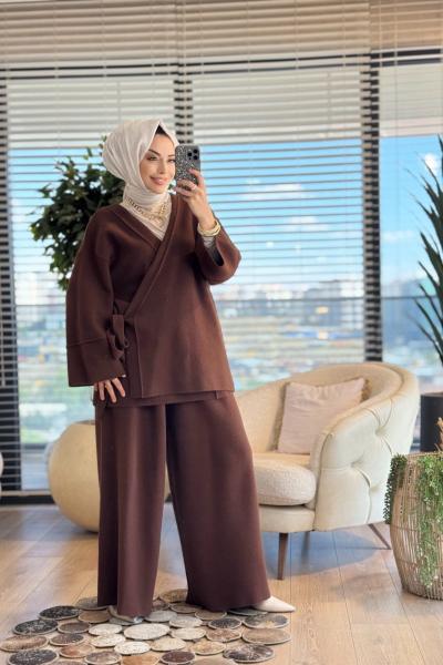 44115 Triko Yandan Bağlamalı Bol Paçalı Pantolon Takım Kahve
