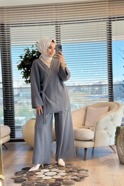 44115 Triko Yandan Bağlamalı Bol Paçalı Pantolon Takım Antrasit