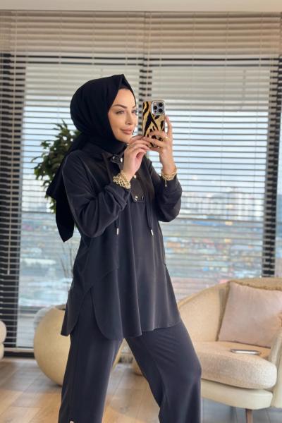 4417 Oysho Dik Yaka Patı İki Düğmeli Takım Siyah