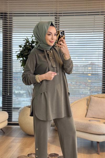 4417 Oysho Dik Yaka Patı İki Düğmeli Takım Haki