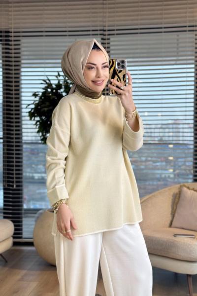 44186 Kolları Katlamalı Simli Triko Tunik Ekru