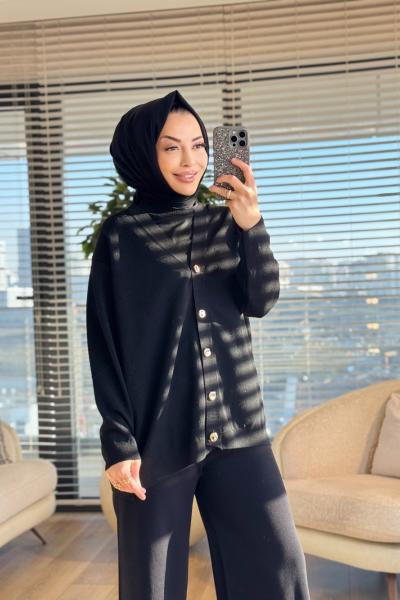 44195 Üstü Sim Dalga Desenli Hırka Siyah