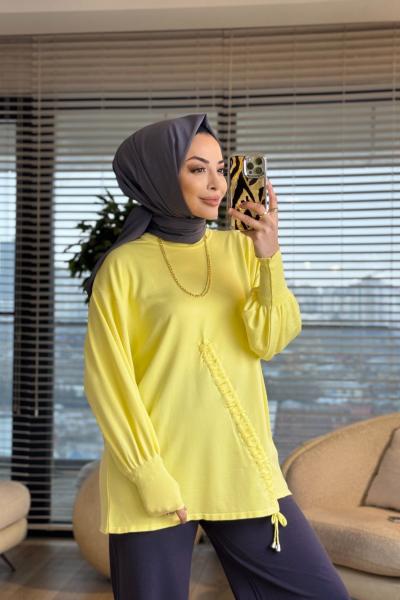 44199 Önü Büzgülü Triko Tunik Sarı
