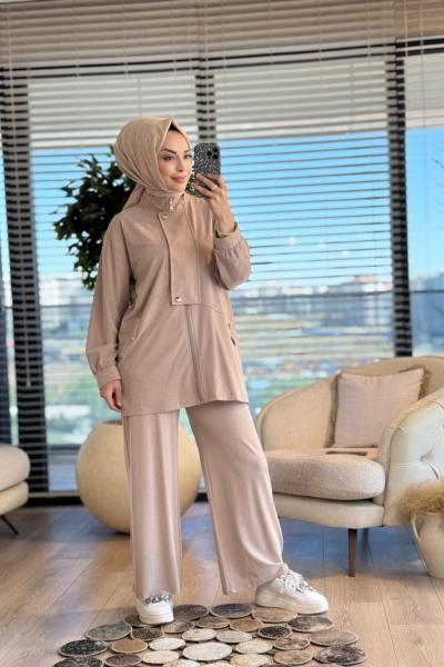 4420 Tencel Patı Çıtçıt Ve Cep Detaylı Takım Bej