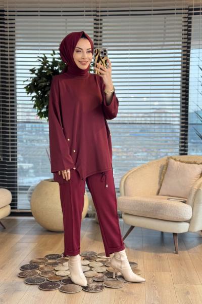 44214 Yanları Verev Parçalı Triko Tunik Bordo