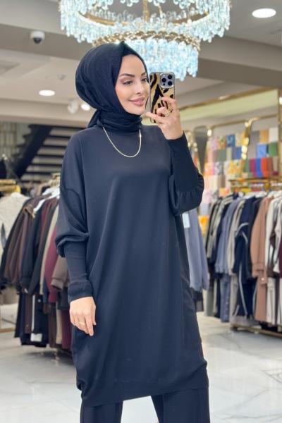 44221 Manşeti Lastikli Triko Tunik Siyah