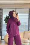 44226 Önü Cep Detaylı Kapşonlu Triko Takım Bordo