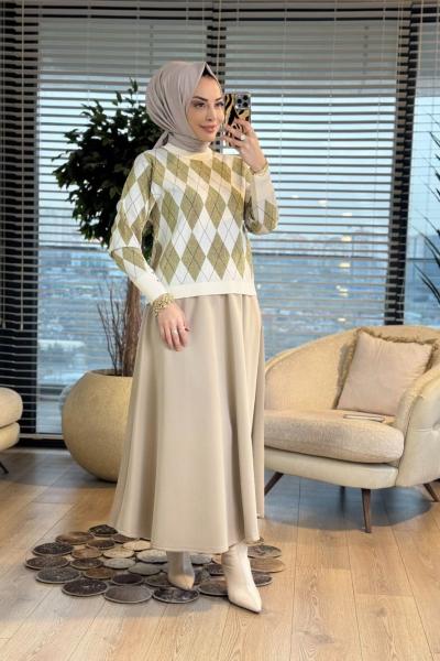 44251 Sim Baklava Desen Triko Kazak Ekru